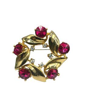 Vintage Hot Pink Rivoli Crystal Wreath Brooch, Stunning Gold Tone with Clear